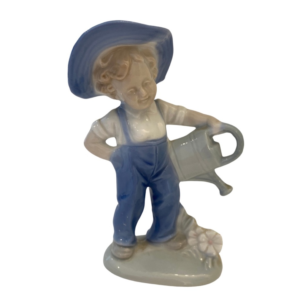 Vintage boy gardening figurine with watering can blue white glossy by Lego Japan